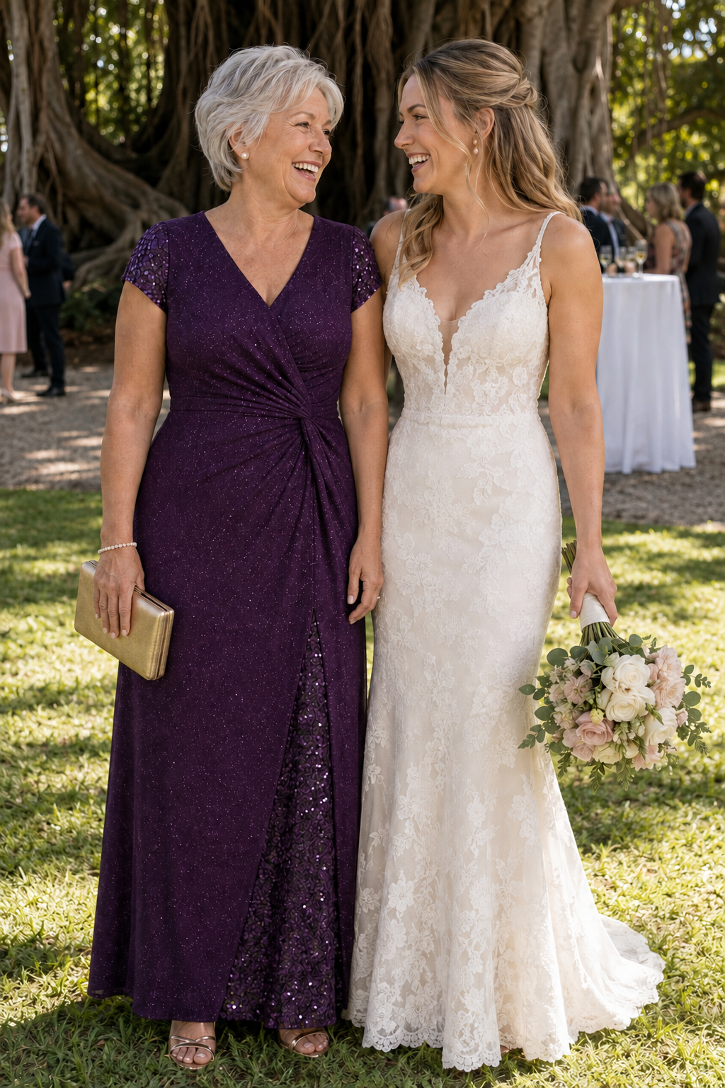 Mother and bride at an outdoor wedding, wearing the Delphine Purple gown by Dressology