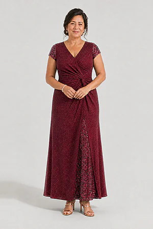 Delphine Twist Waist Glitter Knit Burgundy Gown by Dressology