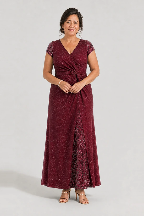 Delphine Twist Waist Glitter Knit Burgundy Gown by Dressology mother of the bride dress on model