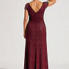 Back view of the Delphine burgundy twist-waist glitter knit gown by Dressology showing the V back and plain A-line skirt