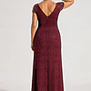 Back view of the Delphine burgundy twist-waist glitter knit gown by Dressology showing the V back and plain A-line skirt
