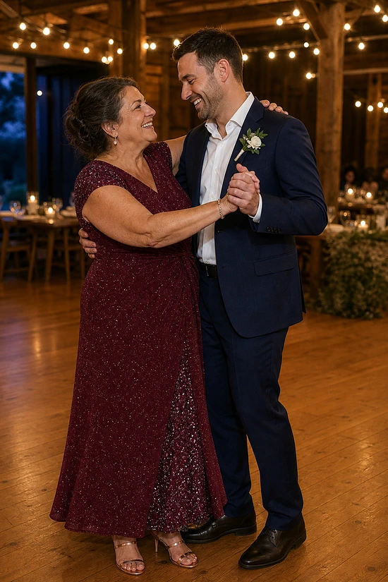 Mother of the groom wearing the burgundy Delphine glitter knit gown by Dressology, dancing with her son at the wedding reception