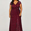 Delphine burgundy glitter knit gown by Dressology shown on a plus size model, front view