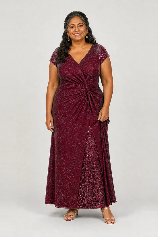 Delphine burgundy glitter knit gown by Dressology shown on a plus size model, front view