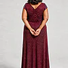 Back view of the Delphine burgundy twist-waist glitter knit gown by Dressology on a plus size model showing the V back and A-line skirt