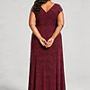 Back view of the Delphine burgundy twist-waist glitter knit gown by Dressology on a plus size model showing the V back and A-line skirt