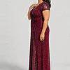 Side view of the Delphine burgundy twist-waist glitter knit gown by Dressology on a plus size model