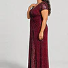 Side view of the Delphine burgundy twist-waist glitter knit gown by Dressology on a plus size model