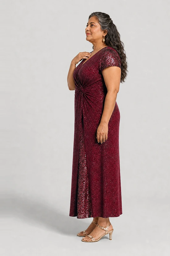 Side view of the Delphine burgundy twist-waist glitter knit gown by Dressology on a plus size model