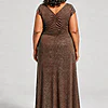 Back view of the Delphine chocolate brown twist-waist glitter knit gown by Dressology showing the V back and plain A-line skirt