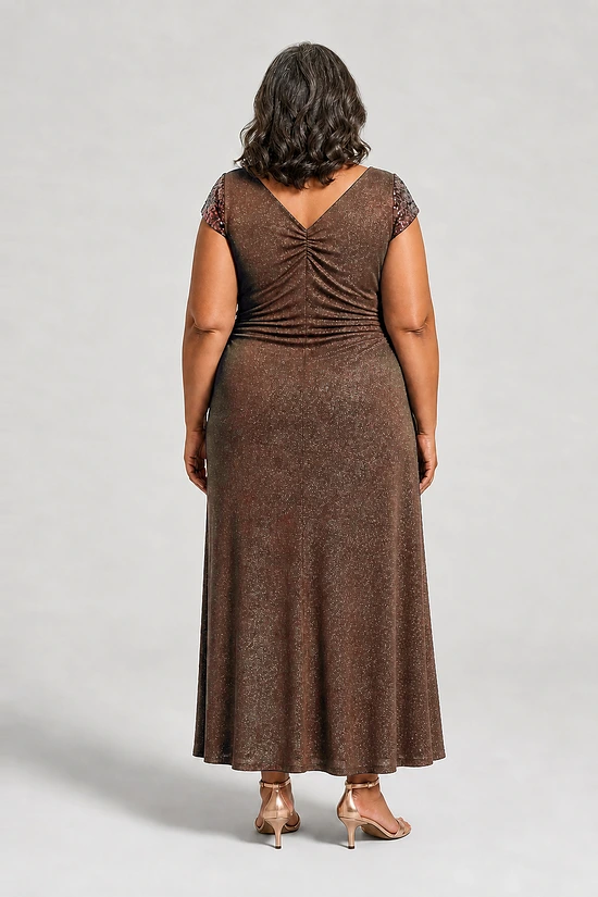 Back view of the Delphine chocolate brown twist-waist glitter knit gown by Dressology showing the V back and plain A-line skirt