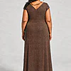 Back view of the Delphine chocolate brown twist-waist glitter knit gown by Dressology showing the V back and plain A-line skirt