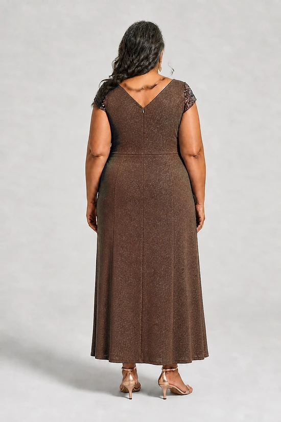 Back view of the Delphine chocolate brown twist-waist glitter knit gown by Dressology showing the V back and plain A-line skirt
