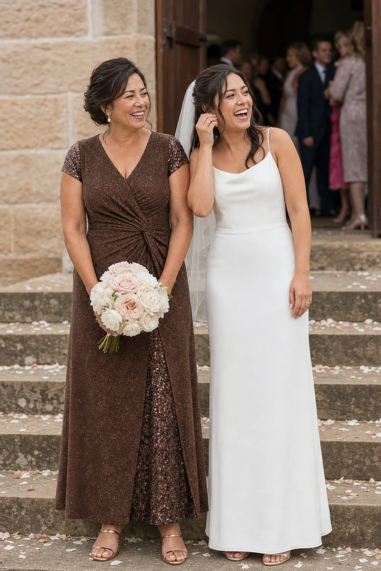Mother of the bride wearing the chocolate brown Delphine glitter knit gown by Dressology, holding her daughter's bouquet on the church steps after the ceremony