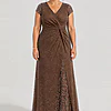 Delphine chocolate brown glitter knit gown by Dressology shown on a regular size model, front view