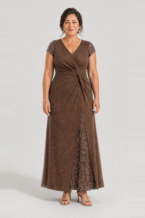 Delphine chocolate brown glitter knit gown by Dressology shown on a regular size model, front view