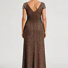 Back view of the Delphine chocolate brown twist-waist glitter knit gown by Dressology on a regular size model showing the V back and A-line skirt