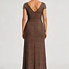 Back view of the Delphine chocolate brown twist-waist glitter knit gown by Dressology on a regular size model showing the V back and A-line skirt