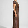 Side view of the Delphine chocolate brown twist-waist glitter knit gown by Dressology on a regular size model