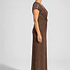 Side view of the Delphine chocolate brown twist-waist glitter knit gown by Dressology on a regular size model