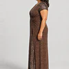 Delphine chocolate brown glitter knit gown side view showing the twist waist and sequin godet