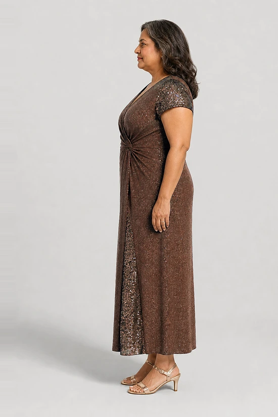 Delphine chocolate brown glitter knit gown side view showing the twist waist and sequin godet