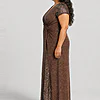 Delphine chocolate brown glitter knit gown side view showing the twist waist and sequin godet