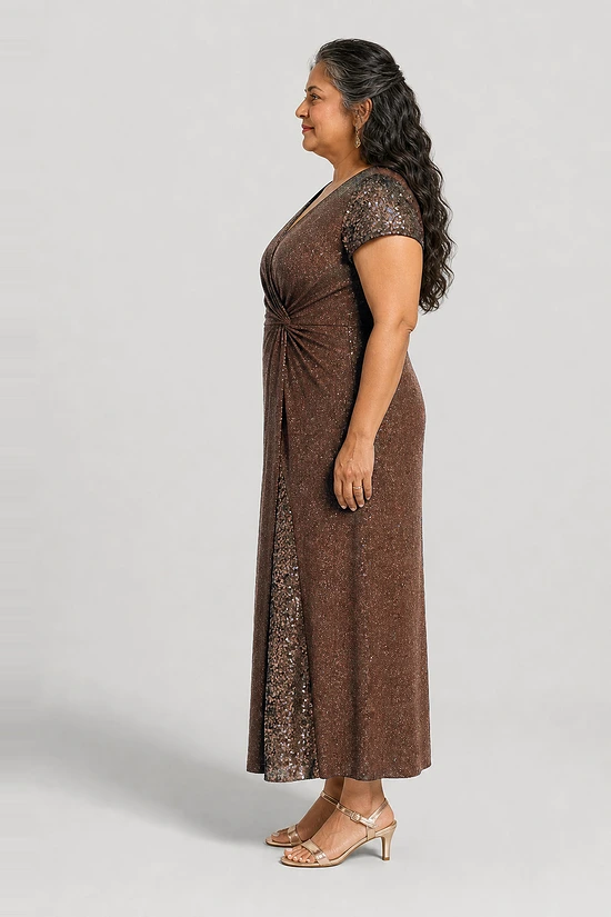 Delphine chocolate brown glitter knit gown side view showing the twist waist and sequin godet