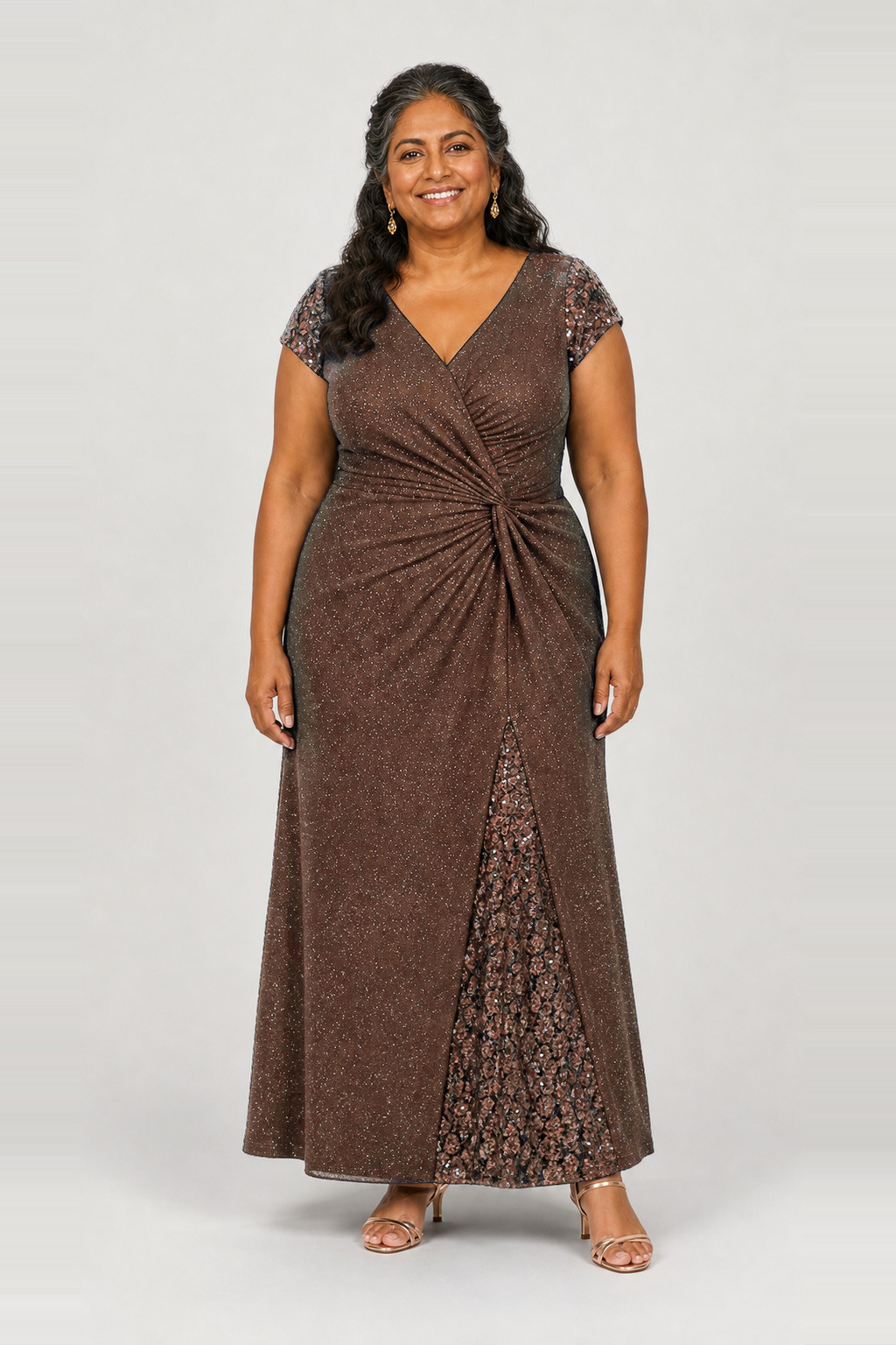 Delphine Twist Waist Glitter Knit Chocolate Brown Gown by Dressology