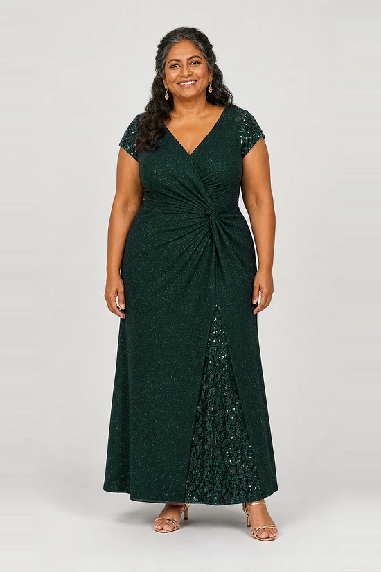 Delphine Twist Waist Glitter Knit Emerald Green Gown by Dressology mother of the bride dress on model