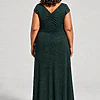 Back view of the Delphine emerald green twist-waist glitter knit gown by Dressology showing the deep V back and plain A-line skirt