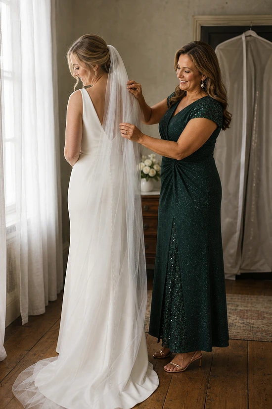 Mother of the bride wearing the emerald green Delphine glitter knit gown by Dressology, settling her daughter's veil in the bridal suite before the wedding