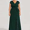 Delphine emerald green glitter knit gown by Dressology shown on a regular size model, front view