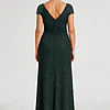 Back view of the Delphine emerald green twist-waist glitter knit gown by Dressology on a regular size model showing the V back and A-line skirt