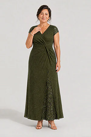 Delphine Twist Waist Glitter Knit Olive Green Gown by Dressology