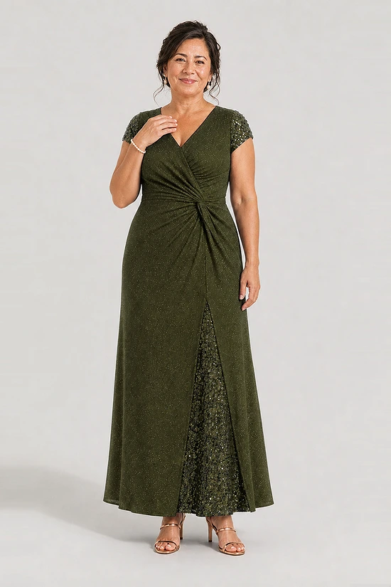 Delphine Twist Waist Glitter Knit Olive Green Gown by Dressology mother of the bride dress on model