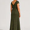 Back view of the Delphine olive green twist-waist glitter knit gown by Dressology showing the V back and plain A-line skirt