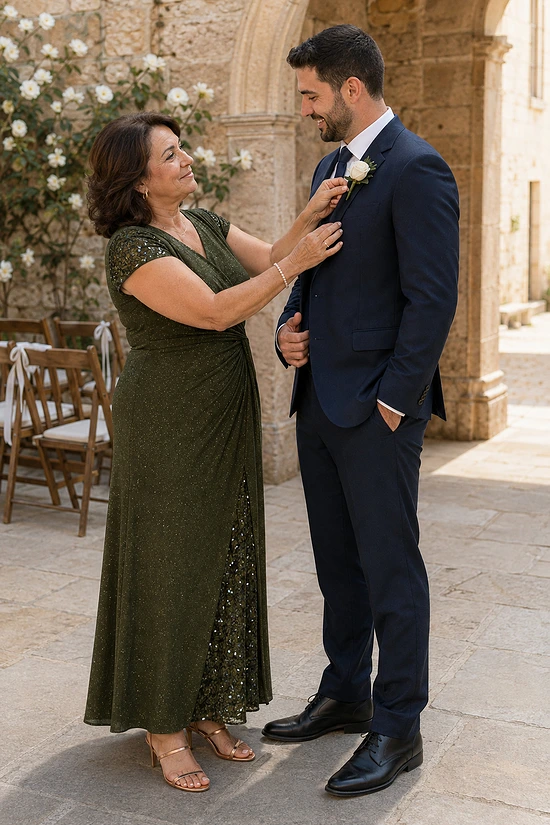 Mother of the groom wearing the olive green Delphine glitter knit gown by Dressology, straightening her son's boutonniere before the ceremony