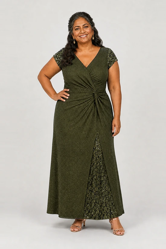 Delphine Twist Waist Glitter Knit Olive Green Gown by Dressology mother of the bride dress on a plus size model
