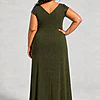 Back view of the Delphine olive green twist-waist glitter knit gown by Dressology on a plus size model showing the V back and A-line skirt