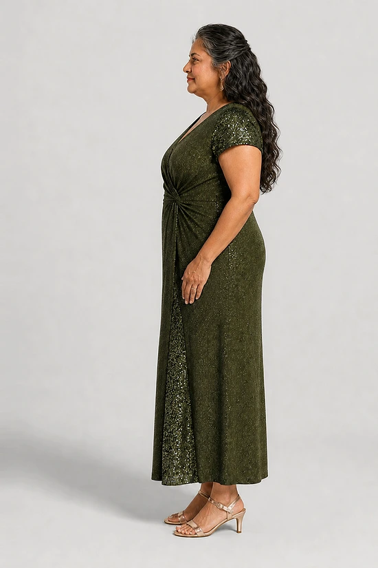 Side view of the Delphine olive green twist-waist glitter knit gown by Dressology on a plus size model
