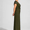 Delphine olive green glitter knit gown side view showing the twist waist and sequin godet