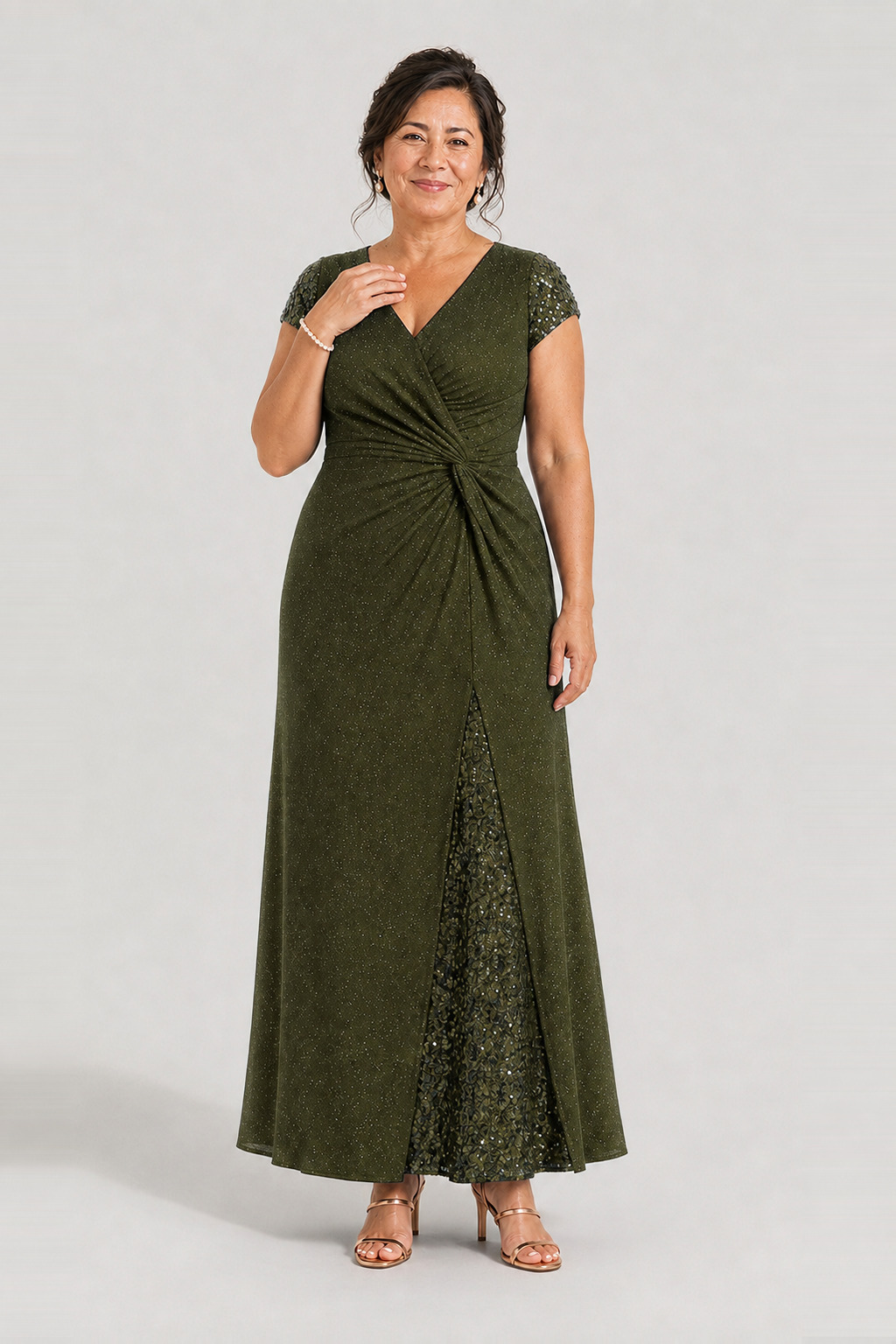 Delphine Twist Waist Glitter Knit Olive Green Gown by Dressology