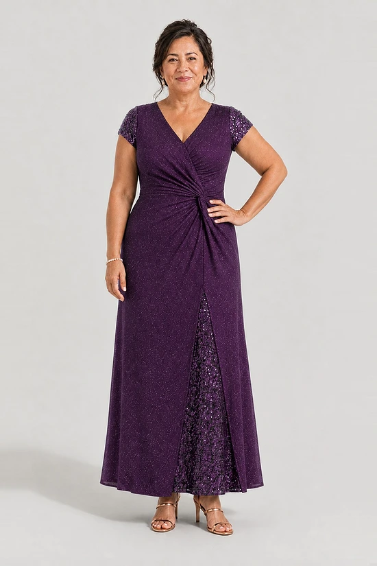 Delphine Twist Waist Glitter Knit Purple Gown by Dressology mother of the bride dress on model