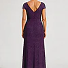 Back view of the Delphine purple twist-waist glitter knit gown by Dressology showing the V back and plain A-line skirt