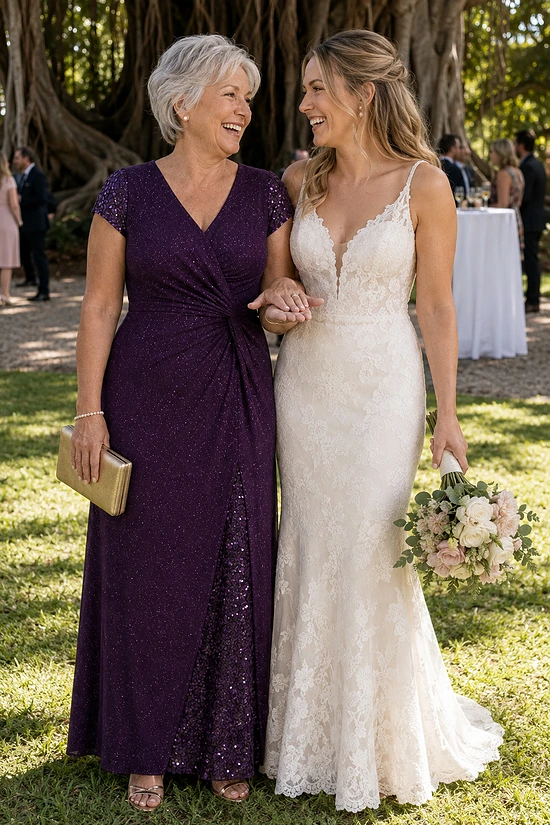 Mother of the bride wearing the purple Delphine glitter knit gown by Dressology, arm in arm with her daughter at the garden cocktail hour