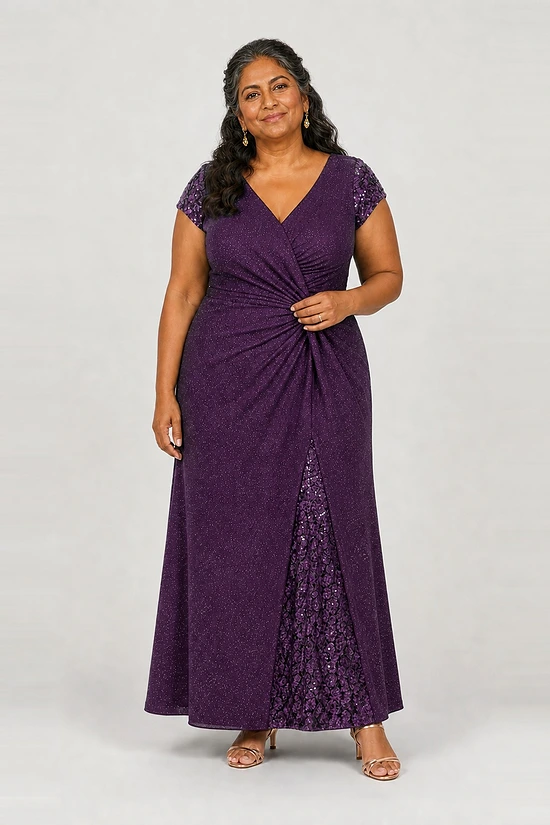 Delphine Twist Waist Glitter Knit Purple Gown by Dressology mother of the bride dress on a plus size model
