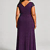 Back view of the Delphine purple twist-waist glitter knit gown by Dressology on a plus size model showing the V back and A-line skirt