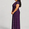 Side view of the Delphine purple twist-waist glitter knit gown by Dressology on a plus size model