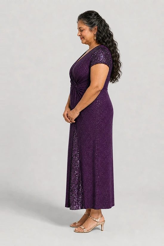 Side view of the Delphine purple twist-waist glitter knit gown by Dressology on a plus size model
